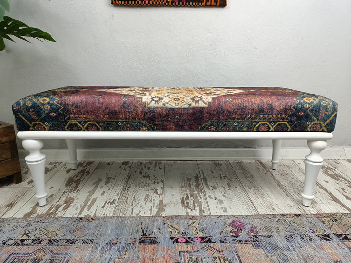 Historical Modern Upholstered Fabric Bench, Wooden Bench with Backrest, Pet Friendly Upholstered Bench, Modern Bench with Wooden Base
