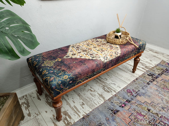 Living Room Ottoman Seat Boho Bench, Library Comfortable Footstool Bench, Turkish Kilim Fabric Bench, Anatolian Style Bench, Dark Brown Wooden Leg Bench