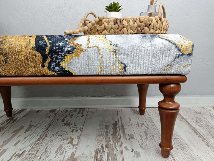 Gold Detail Fabric Upholstered Bench, Bohemian Durable Bench, Kilim Rug Footstool Bench, Gothic Home Outdoor Bench, Oriental Leg Footstool Bench