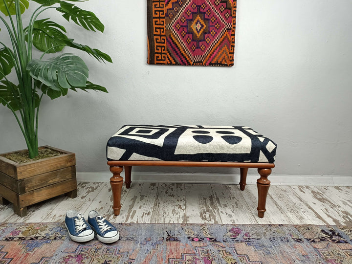 Designer Upholstered Ottoman Bench, Oriental Leg Walnut Footstool Bench Elegant Decor Bench With Brown Legs, Bedroom Relax Sitting Comfortable Bench, Comfortable Sitting Bench