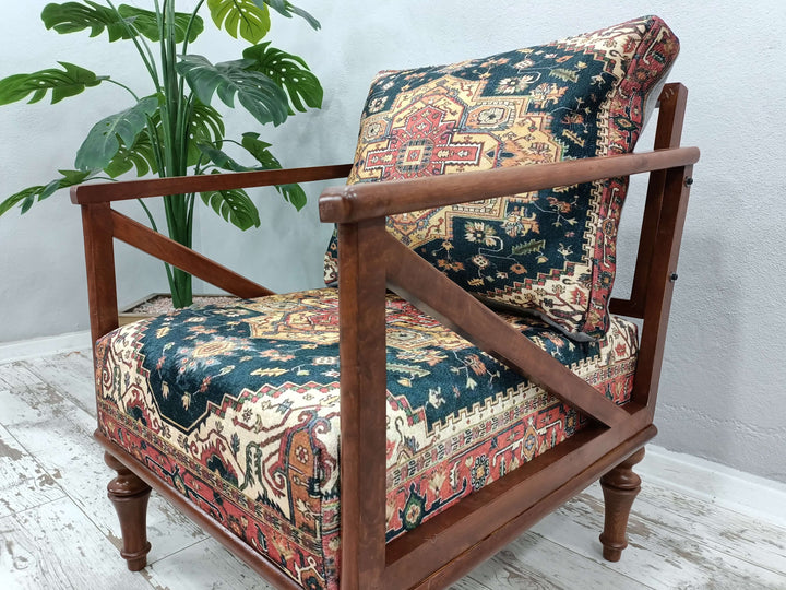 Stylish Bohemian Pattern Upholstered Chair, Modern Rocking Chair with Wooden Base, Simple Sofa Solid Wood Armchair, Fabric Upholstered Single Sofa