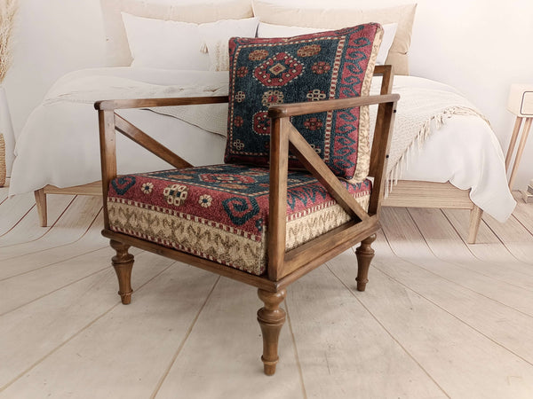 Modern Upholstered Armchair in Bedroom, Woden Oriental Leg Armchair, Comfortable Armchair, Anatolian Pattern Armchair
