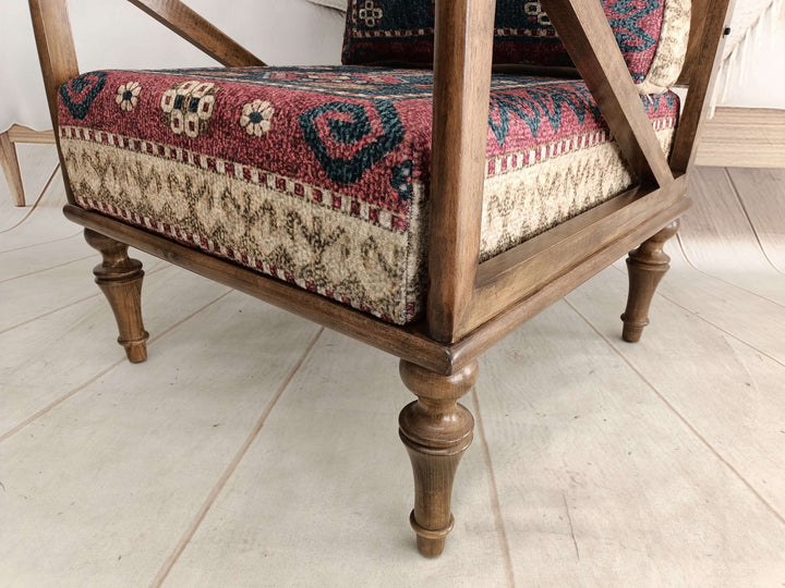 Velvet Upholstered Armchair in Living Room, Elegant Reading Armchair in Living Room, Natural Wood Armchair, Anatolian Designer Armchair