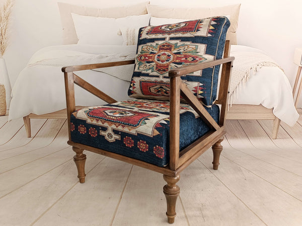 Blue Anatolian Motif Decorative Large Armchair, Detailed View of Upholstered Armchair Cushion, Elegant Upholstered Armchair