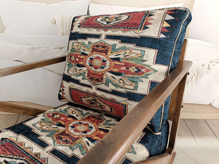 Handcrafted Ottoman Bench with Interior, Modern Design Velvet Rest Armchair, Kilim Pattern Ottoman Armchair, Velvet Fabric Armchair