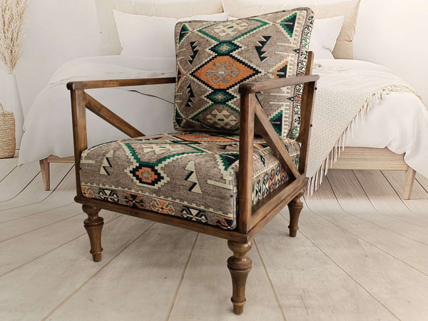 Conical Leg Upholstered Armchair, Beech Wood Armchair with Printed Fabric, Turkish Motif Rocking Armchair