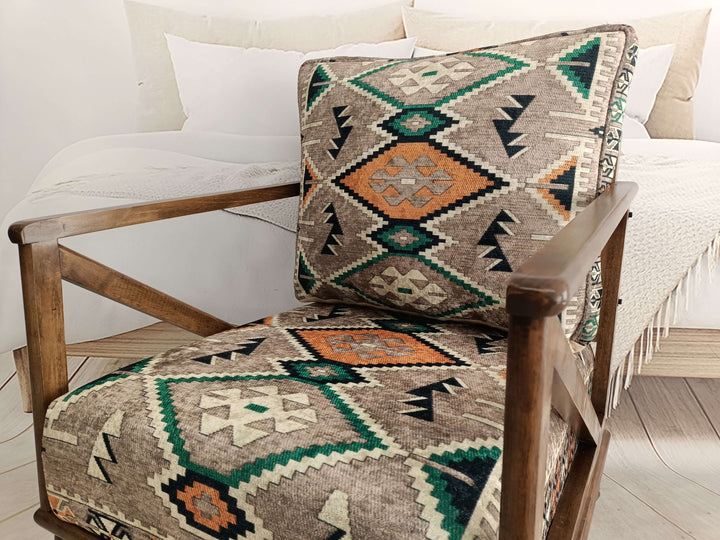 Upholstered Armchair in Bedroom, Armchair with Dark Brown Legs, Kilim Pattern Ottoman Armchair, Anatolian Rocking Armchair