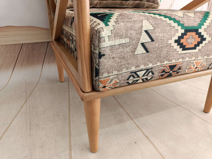 Close-up of Bohemian Pattern Armchair Seat, Detailed View of Upholstered Armchair Cushion, Vintage Looking Rocking Armchair
