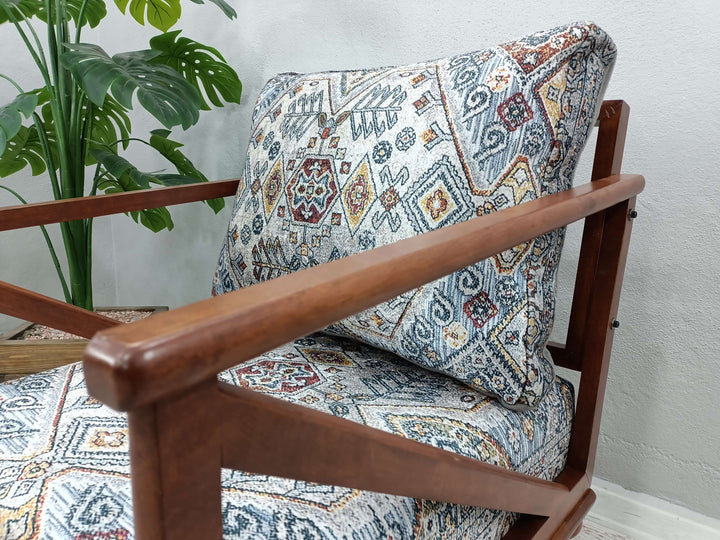 Conical Brown Leg Armchair, Hotel Lobby Armchair, Decorative Rocking Armchair, Fabric Upholstered Armchair, Bohemian Farmhouse Rocking Chair