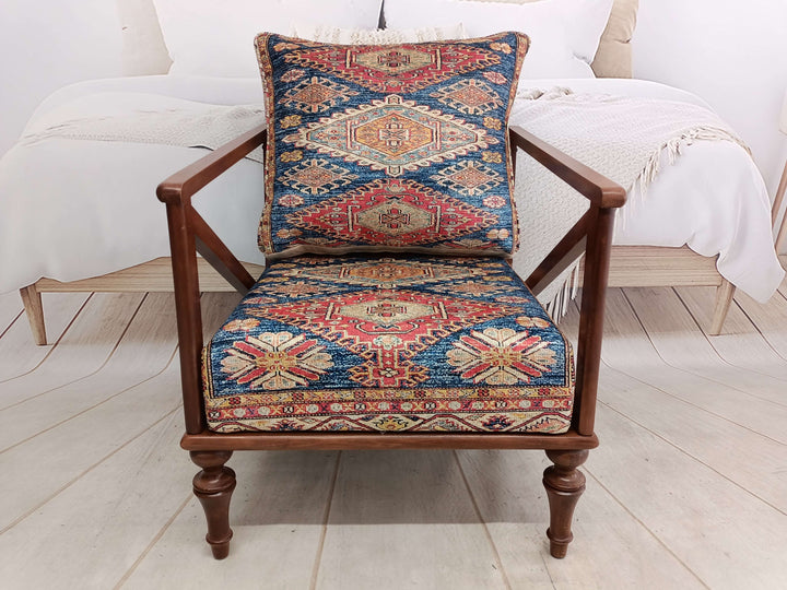 Turkish Motif Anatolian Decorative Armchair, Ottoman Armchair For Entryway Hall, Handcrafted Fabric Upholstered Armchair, Vintage Bohemian Armchair