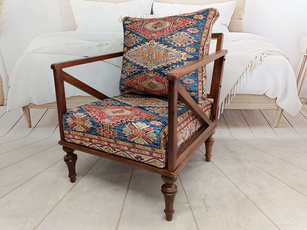 Turkish Motif Anatolian Decorative Armchair, Wooden Classic Rocking Chair, Elegant Reading Armchair in Living Room, Natural Wood Armchair