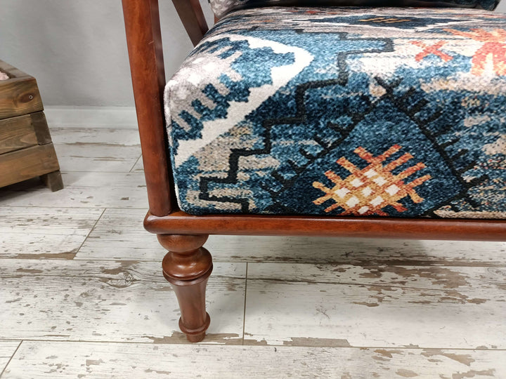 Ottoman Velvet Upholstered Armchair, Elegant Decor Armchair With Brown Legs, Bedroom Relax Sitting Comfortable Armchair, Comfortable Sitting Armchair, Wooden Rocking Armchair With Oriental Legs