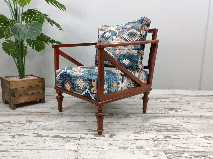 Oriental Legs Natural Wooden Decorative Armchair, Upholstered Rocking Chair, Patio Lounge Chair, Velvet Fabric Rocking Chair, Eco Friendly Rocking Armchair