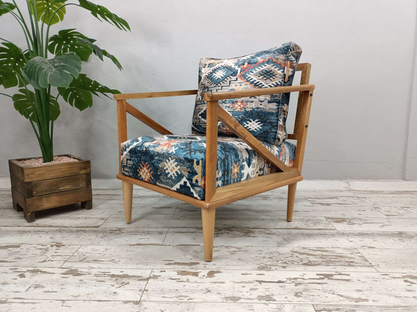  Blue Garden Decorative Rocking Armchair, Elegant Upholstered Armchair with Dark Brown Legs, Ottoman Accent Size Armchair, Livingroom Wide Cushioned Armchair