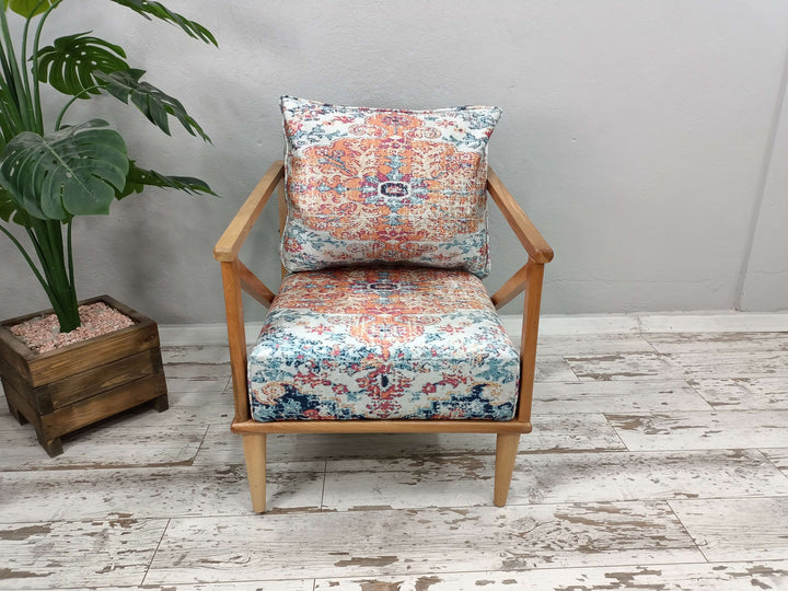 Living Room Furniture, Velvet Fabric Covered Chair, Modern Rocking Chair, Balcony Nap Chair, Stylish Bohemian Pattern Upholstered Chair, Detailed View Of Upholstered Armchair Cushion
