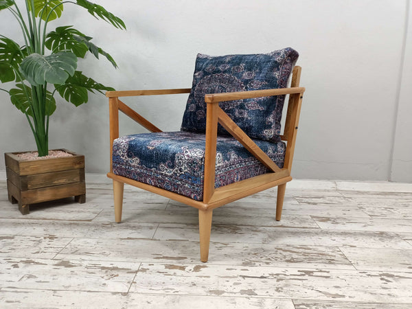 Comfortable Sitting Armchair, Wooden Rocking Armchair With Oriental Legs, Upholstered Armchair, Wood Armchair For Decorative Living Room, Oriental Upholstered Ottoman Rocking Armchair