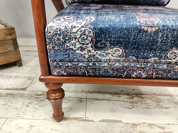 Turkish Motif Showy Livingroom Rocking Armchair, Ottoman Velvet Upholstered Armchair, Elegant Decor Armchair With Brown Legs, Upholstered Rocking Chair with Lumbar Pillow