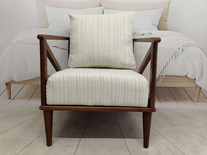 Wooden Armhair Soft Fabric Upholstery, Stylish Decorotive Outdoor Armchair, Detailed View Of Upholstered Armchair Cushion, Modern Rocking Chair with Wooden Base