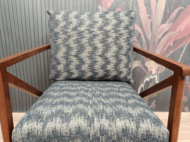 Modern Upholstered Armchair in Bedroom, Detailed View of Upholstered Armchair Cushion, Ottoman Chair with Turkish Motif Pattern