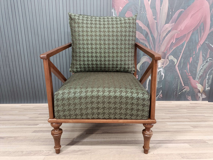 Detailed View of Upholstered Armchair Cushion, Elegant Reading Armchair in Living Room, Wooden Oriental Leg Armchair, Dark Brown Chair