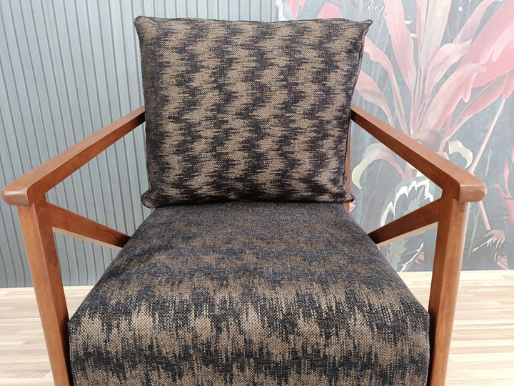 Customizable Rocking Armchair with Oriental Pattern, Conical Leg Upholstered Armchair, Beech Wood Armchair with Printed Fabric
