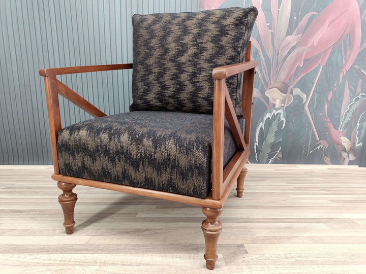 Detailed View of Upholstered Armchair Cushion, Beech Wood Armchair with Printed Fabric, Dining Table Chair, Wooden Rocking Armchair