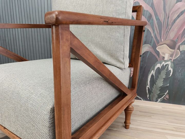 Conical Leg Upholstered Armchair, Handcrafted Gray Upholstered Armchair, Natural Wooden Leg Rocking Armchair, Armchair For Lumbar Cushion
