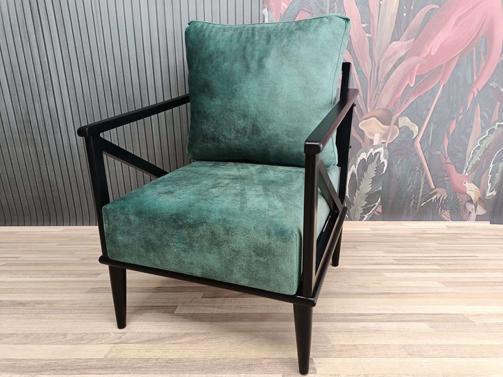 Green Upholstered Armchair with Classic Legs, Wooden Upholstered Armchair in Living Room, Luxury Comfort Armchair