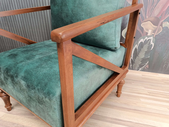 Green Velvet Upholstered Armchair, Comfortable Dorm Room Rocking Armchair, Oriental Legs Wooden Rocking Armchair