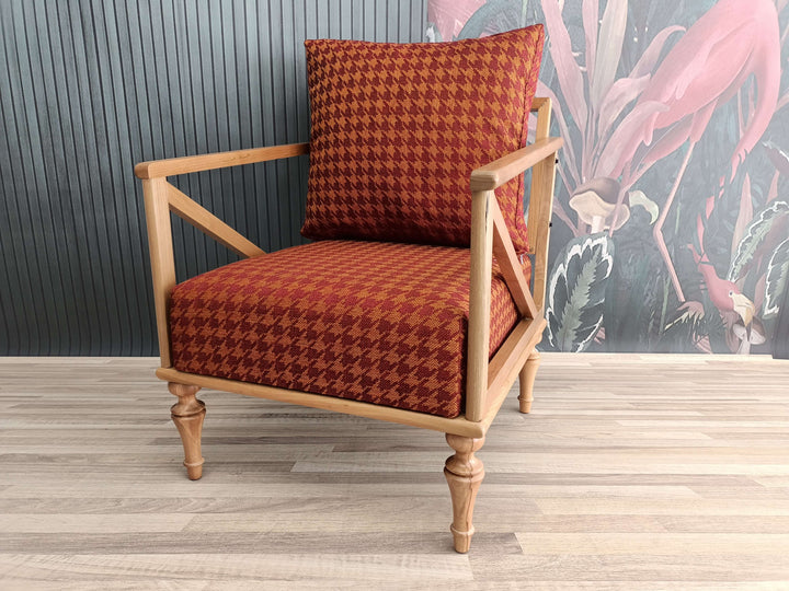 Orange Upholstered Armchair with Classic Legs, Conical Leg Upholstered Armchair, Cushioned Luxury Armchair, Classic Leg Armchair