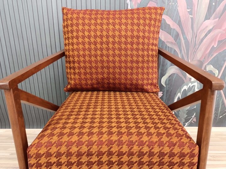 Beech Wood Armchair with Printed Fabric, Conical Leg Upholstered Armchair, Anatolian Velvet Armchair, Ottoman Fabric Armchair