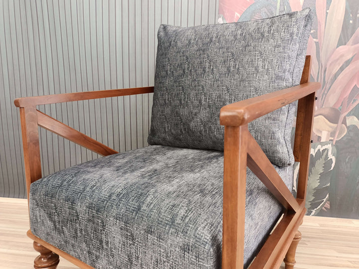 Brown Color Wooden Armchair, Elegant Upholstered Armchair, Conical Leg Upholstered Armchair, Luxury Gray Color Rocking Armchair