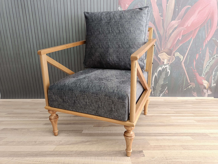 Kilim Pattern Ottoman Armchair, Handcrafted Gray Upholstered Armchair, Conical Leg Upholstered Armchair