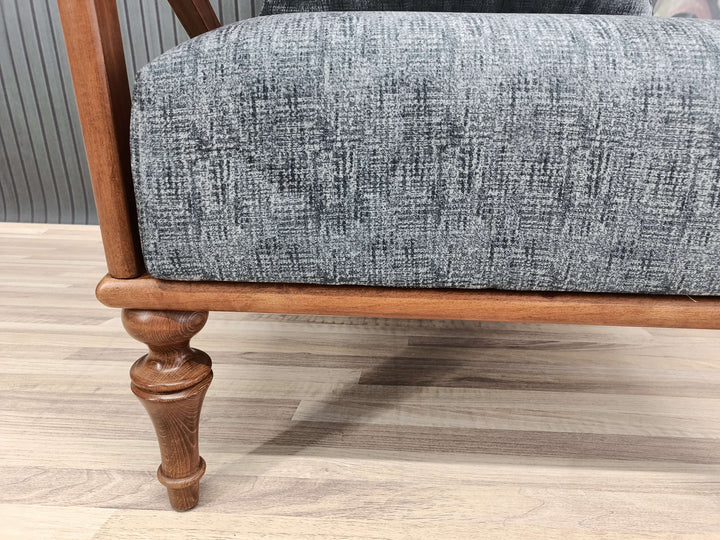 Beech Wood Armchair with Printed Fabric, Upholstered Armchair in Bedroom, Armchair with Dark Brown Legs