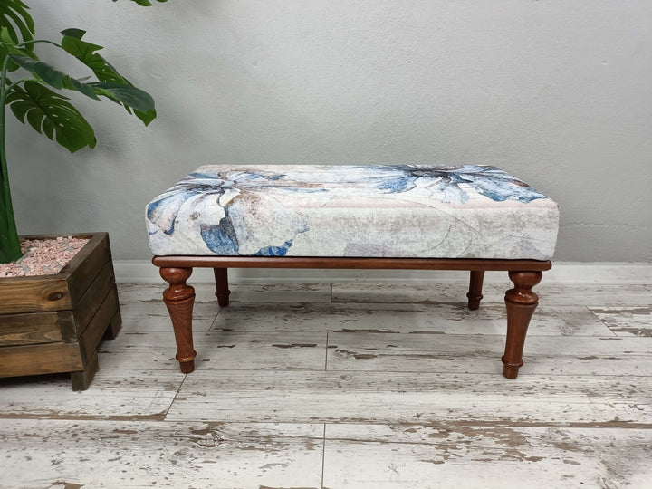 Pattern Hallway Ottoman Bench, Oriental Legs Natural Wooden Decorative Bench, Designer Upholstered Ottoman Bench, Small Ottoman Foot Rest for Sofa, Wooden Stool