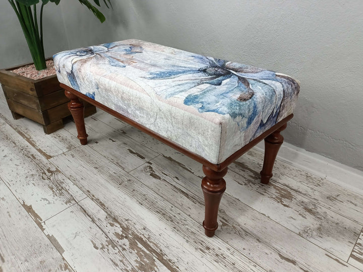 Bench with arms, Oriental Printed Fabric Upholstered Ottoman Bench, Dressing Table Set Bench, New House Decorative Bench, Pet Friendly Bench