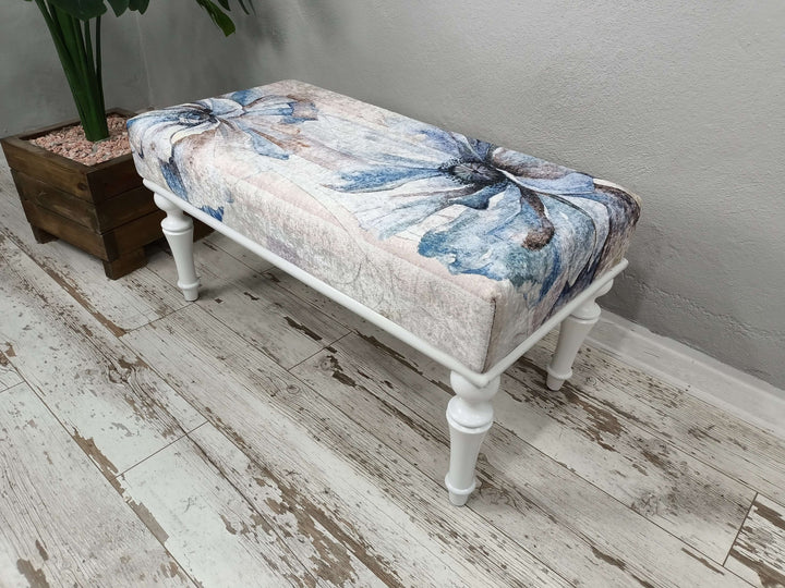 Ottoman bench, Ottoman Upholstered with Printed Rug Handmade Bench, Farmhouse Bench, Practical Upholstered Footstool Bench, Long seat living room bench