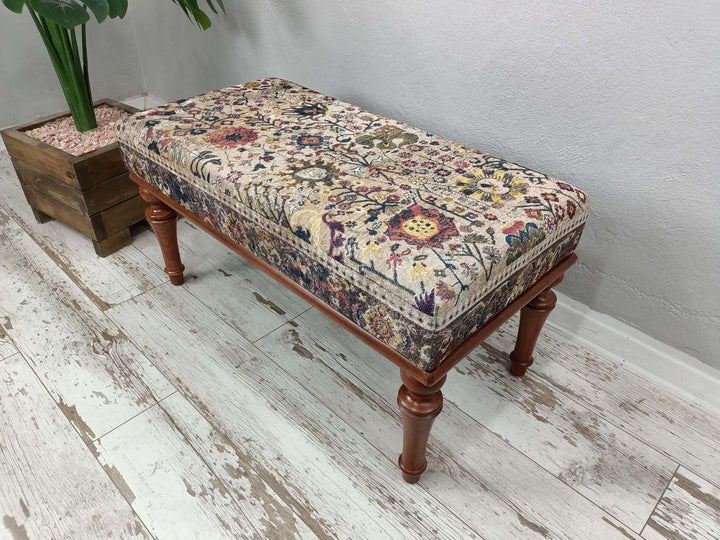 Oriental Printed Fabric Upholstered Ottoman Bench, Dressing Table Set Bench, New House Decorative Bench, Sitting Chair with Storage, Sofa Tea Seat Padded Stool