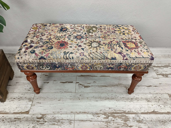 Mid Century Modern Upholstered Fabric Bench, Decorative Ottoman Bench With Velvet Upholstered, Oriental Upholstered Ottoman Footstool Bench 