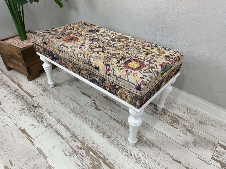 Turkish Rug Pattern Handmade Ottoman Bench, Anatolian Upholstered Wooden Footstool Bench, Shoe Changing Bench, Modern Chair for Entryway