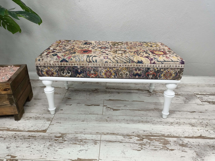 Handmade Wood Work Upholstered Ottoman Bench, Ottoman bench, Ottoman Upholstered with Printed Rug Handmade Bench, Farmhouse Bench
