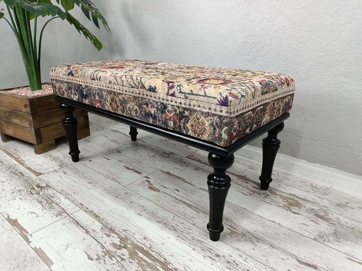 Piano ottoman bench with storage, Long seat living room bench, Bench with arms, Oriental Printed Fabric Upholstered Ottoman Bench, Dressing Table Set Bench,