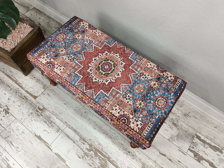 Oriental Turkish Kilim Upholstered Ottoman Bench, Replacement Shoe Stool Bench, Embroidered Wooden Stool Bench, Bedroom Ottoman Makeup Stool Bench