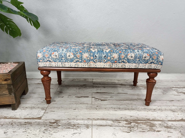 Blue Floral Dining Bench Seat, 4 Leg With Bench, Baby Blue Fabric Footstool Bench, Library Footstool Bench, Bed End Sitting Footstool Bench