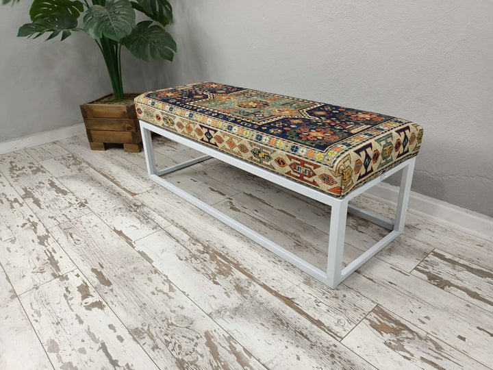 Bench With Soft Fabric Upholstery, Woodworker Large Size Printed Bench, Close-up of Bohemian Pattern Bench Seat, Modern Upholstered Fabric Bench
