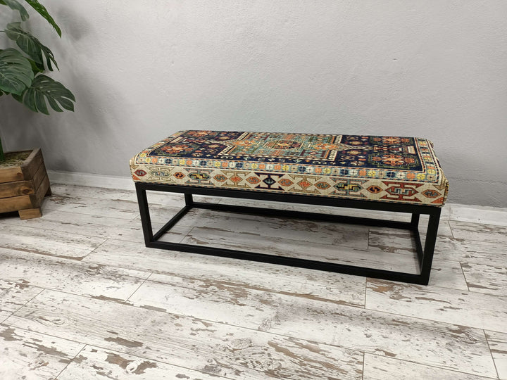 Bench with Printed Fabric, Natural Ottoman Bench With Classic Legs, Customizable Dining Room Velvet Bench, Vintage Pattern Upholstered Bench