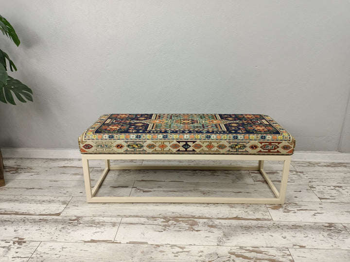 Oriental Legs Natural Wooden Decorative Bench, Upholstered Ottoman Bench, Dark Brown Ottoman Bench in Entryway, Comfort Bench