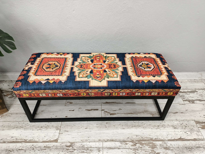 Easy To Clean Upholstered Bench, Anatolian Upholstered Wooden Footstool Bench, Nomadic Pattern Footstool Bench, Sitting Bench, Storage Ottoman Bench