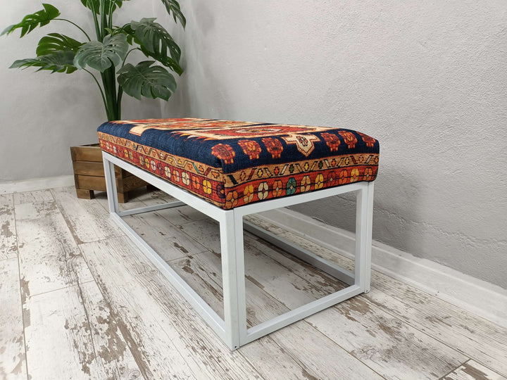 Orange Wooden Leg Bench, Dressing Table Set Bench, New House Decorative Bench, Movie To Watch Comfort Bench, Stylish Bohemian Pattern Upholstered Bench