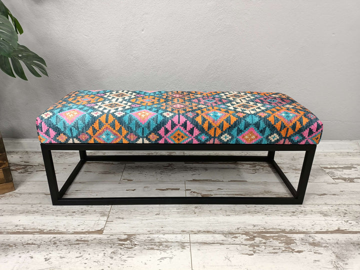 Mid Century Modern Upholstered Fabric Bench, Wooden Bench with Backrest, Pet Friendly Upholstered Bench, Modern Bench with Wooden Base